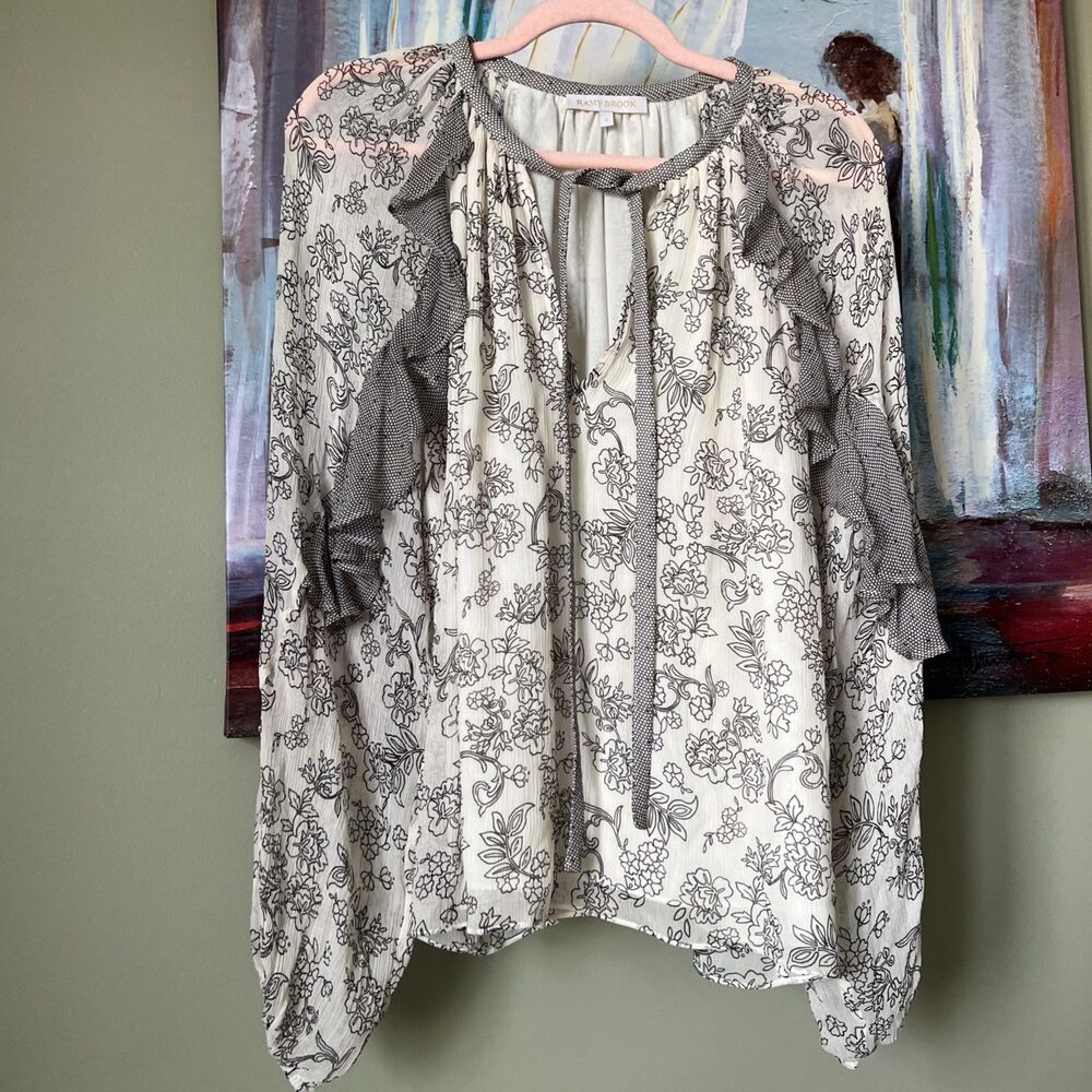 Ramy Brook Emily Ruffle Tie Neck Silk Top Floral Blouse Gray Cream Sz S NWOT